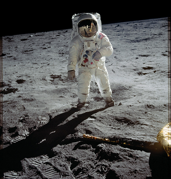 Aldrin: It looks like it was posed but it was not at all. I was walking toward the lunar module, sometimes you can see a part of the probe that touched the ground first, and Neil said, “Hold it”. I stopped and looked at him. If you look closely you can see that the strap hanging down was not hanging down straight. It’s at an angle, which means I was still turning. Only a few people would notice that. But this is so characteristic, or iconic, because in the visor, you can see the reflection of the photographer, Neil, in his white space suit, and the shadow and the lunar module, and my shadow going out, and I think you can see the flag. So people look at this and think, “Wow. You can see the horizon and the black sky. It’s so iconic”. And people say, “Tell me about that photo”. I say, “I’ve got three words to describe that picture: location, location, location”.